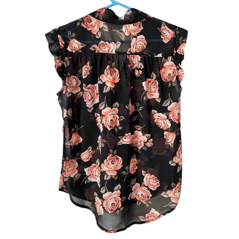 Marisol Black & Orange Floral Sheer Blouse with Versatile Neck Tie – Size M - Picture 2 of 2